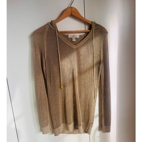 Michael Michael Kors Mesh Sheer Gold Hoodie Sweater Knit Size XS - Picture 2 of 12
